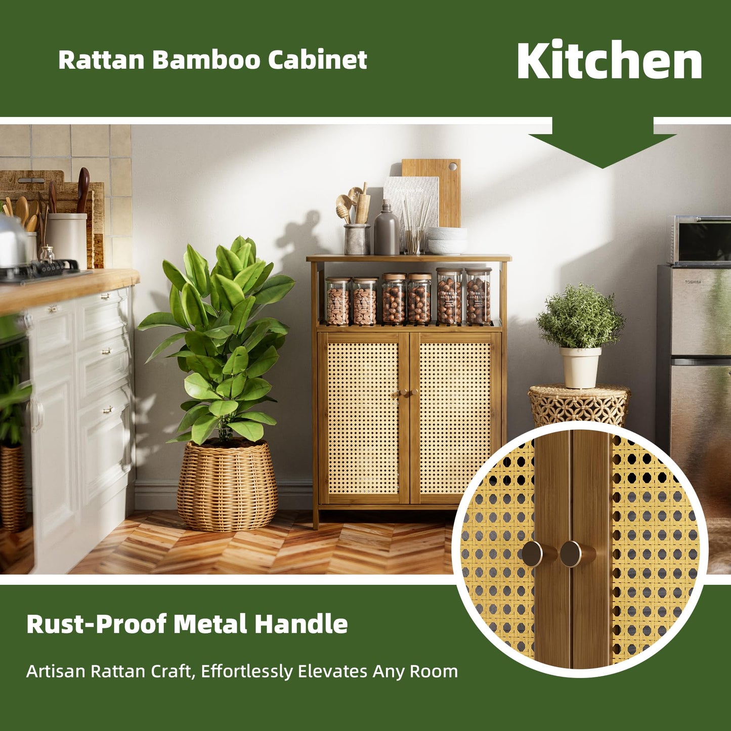 vovala Bathroom Floor Stand Cabinet, Bamboo Storage Organizer Table with 2 Rattan Doors and 1 Shelf, Wooden Side Cupboard for Hallway, Laundry