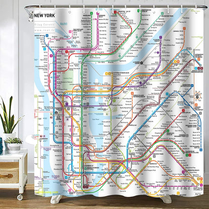 Gaakvrr Shower Curtain New York Subway Map Waterproof Polyester Fabric Bathroom Curtain Set with 12 Hooks, Unique Urban Bathroom Decor 180x180 cm