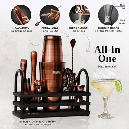 BARE BARREL Cocktail Making Kit | 14-Piece Bartender Kit Cocktail Shaker Set Maker | Display Stand & 35 Recipe Cards | Mixology Cocktail Gift Set