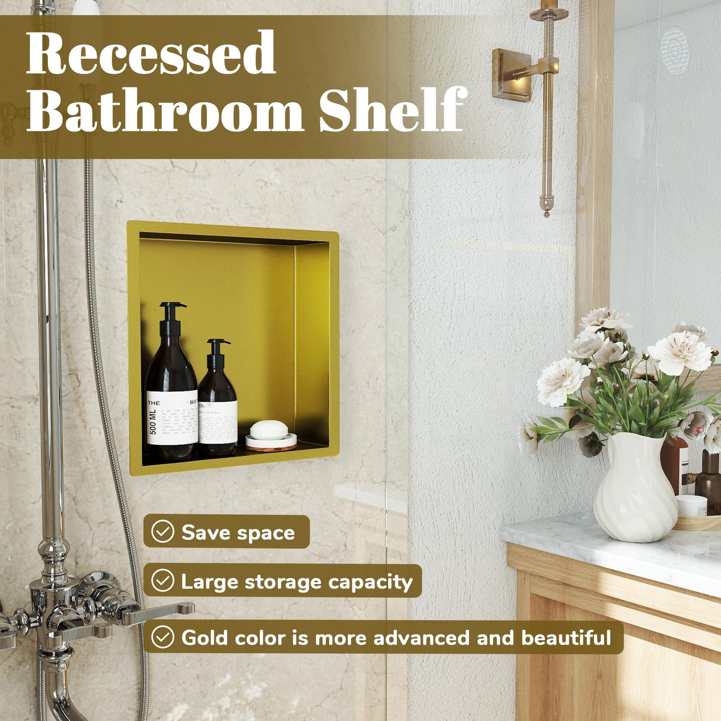 DFENG Shower Niche 304 Stainless Steel,30 x 30cm Recessed Shower Shelf,Niche Wall Insert, Single Shelf Bathroom Storage Niche for Shampoo, shower gel