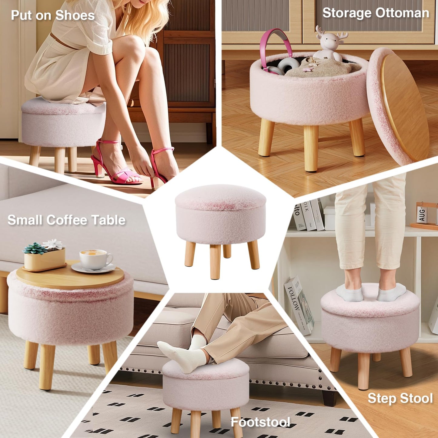 BRIAN & DANY Footstool with Storage, Small Storage Ottoman, Faux Fur Round Stool with Lid, Foot Stool with Legs for Living Room Entryway, Pink