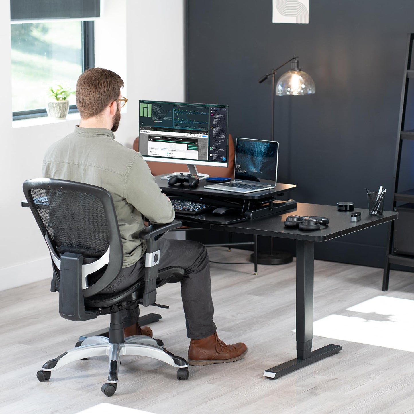 VIVO Standing 81 cm Desk Converter, Height Adjustable Riser, Sit to Stand Dual Monitor and Laptop Workstation with Wide Keyboard Tray, Carbon Fiber