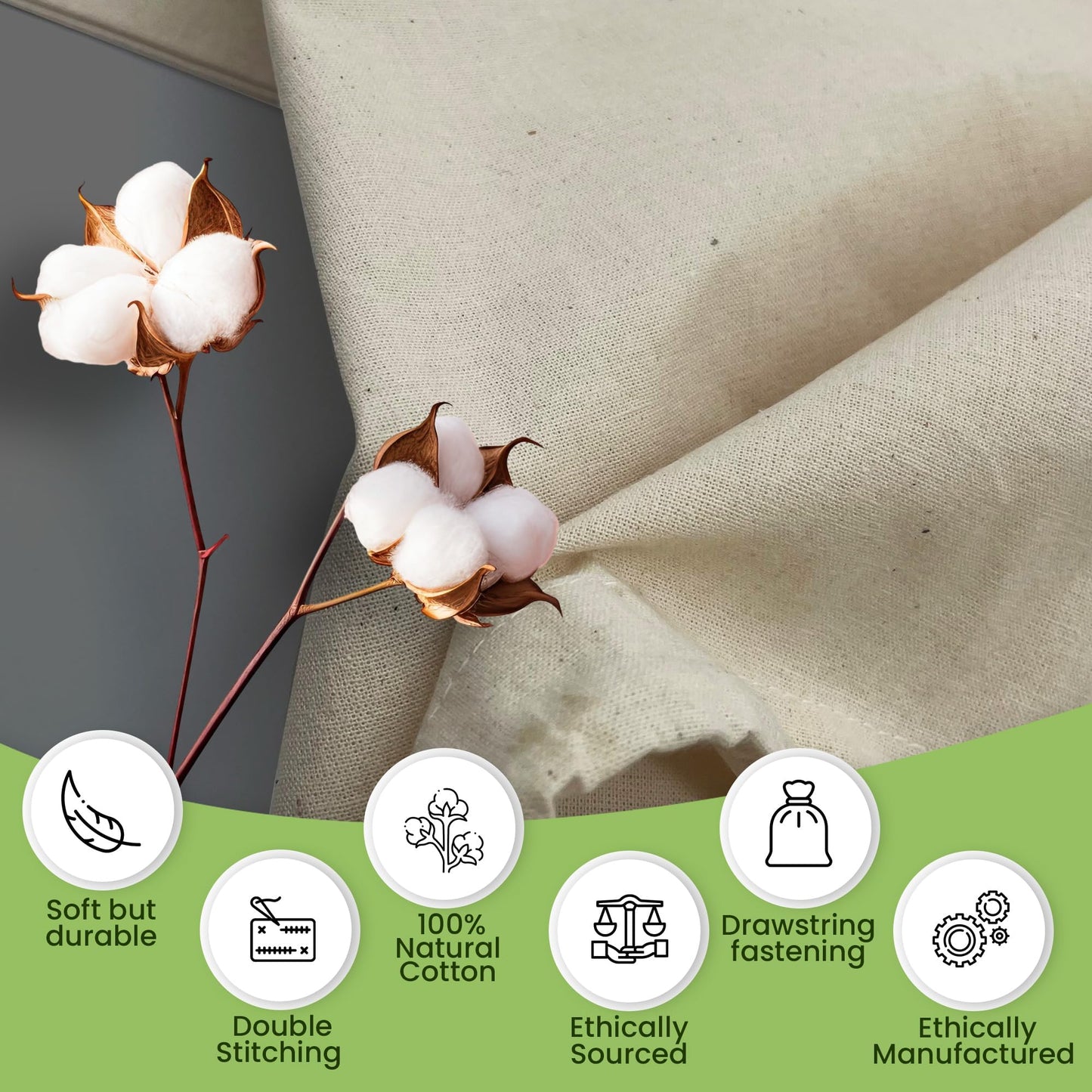 Bronta Mill Plain Natural 100% Cotton Drawstring Stuff Bags | Eco Friendly Storage Pouch | XL - 75 x 50cm (Natural, Pack of 1)