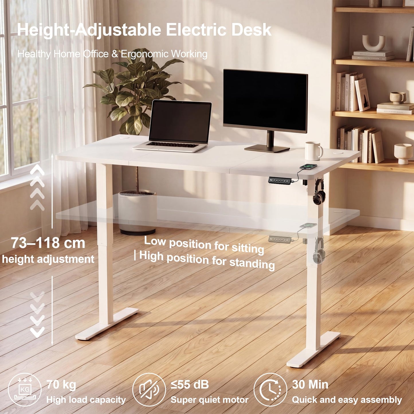 JUMMICO Electric Standing Desk 100x60cm – Height Adjustable with USB Charging, Sedentary Reminder, Memory Heights for Home Office Use, White