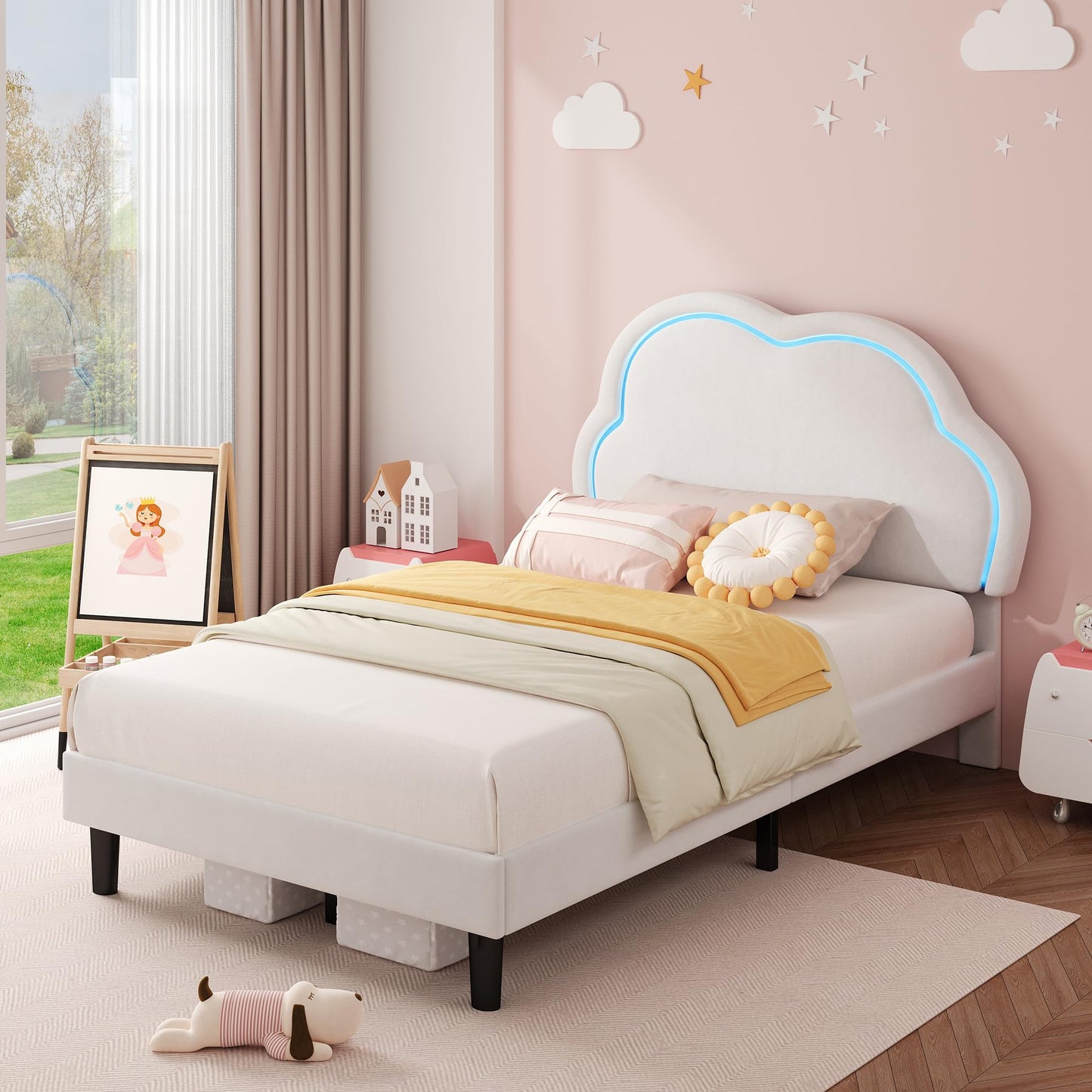 ModernLuxe 3FT LED Single Upholstered Bed 90x190cm for Kids Velvet Single Bed Frame Cloud Headboard Girls Bed with Adjustable Lighting
