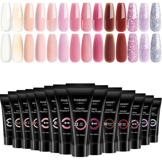 Poly Nail Gel Kit, 14 Colour 15ml Clear Nude Pink Builder Nail Gel Set Nail Extension Gel Basic Gifts Set for Women