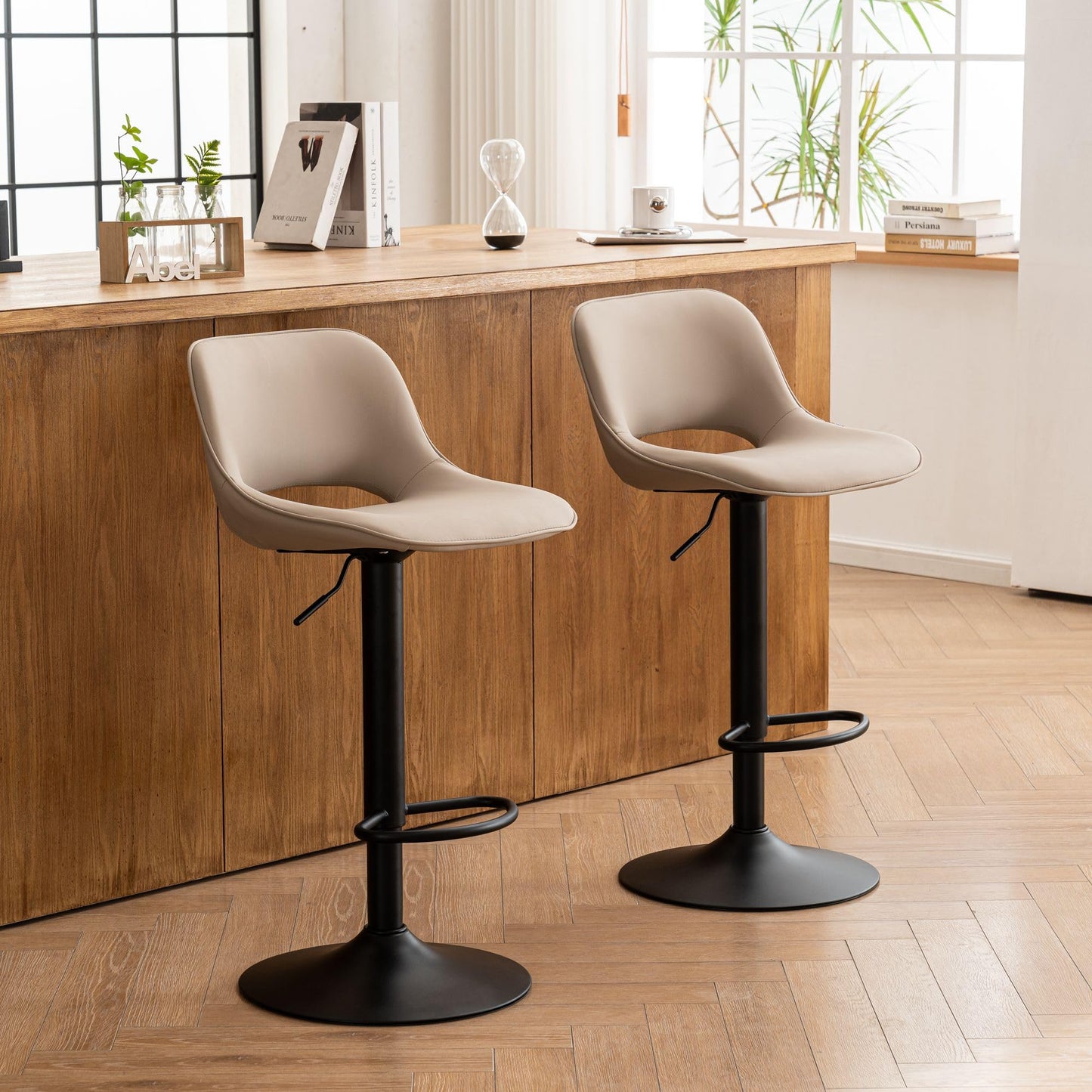 YOUNIKE Modern Swivel Bar Stools Set of 2, Adjustable Counter Height Faux Leather Upholstered with Back for Kitchen Island, Khaki