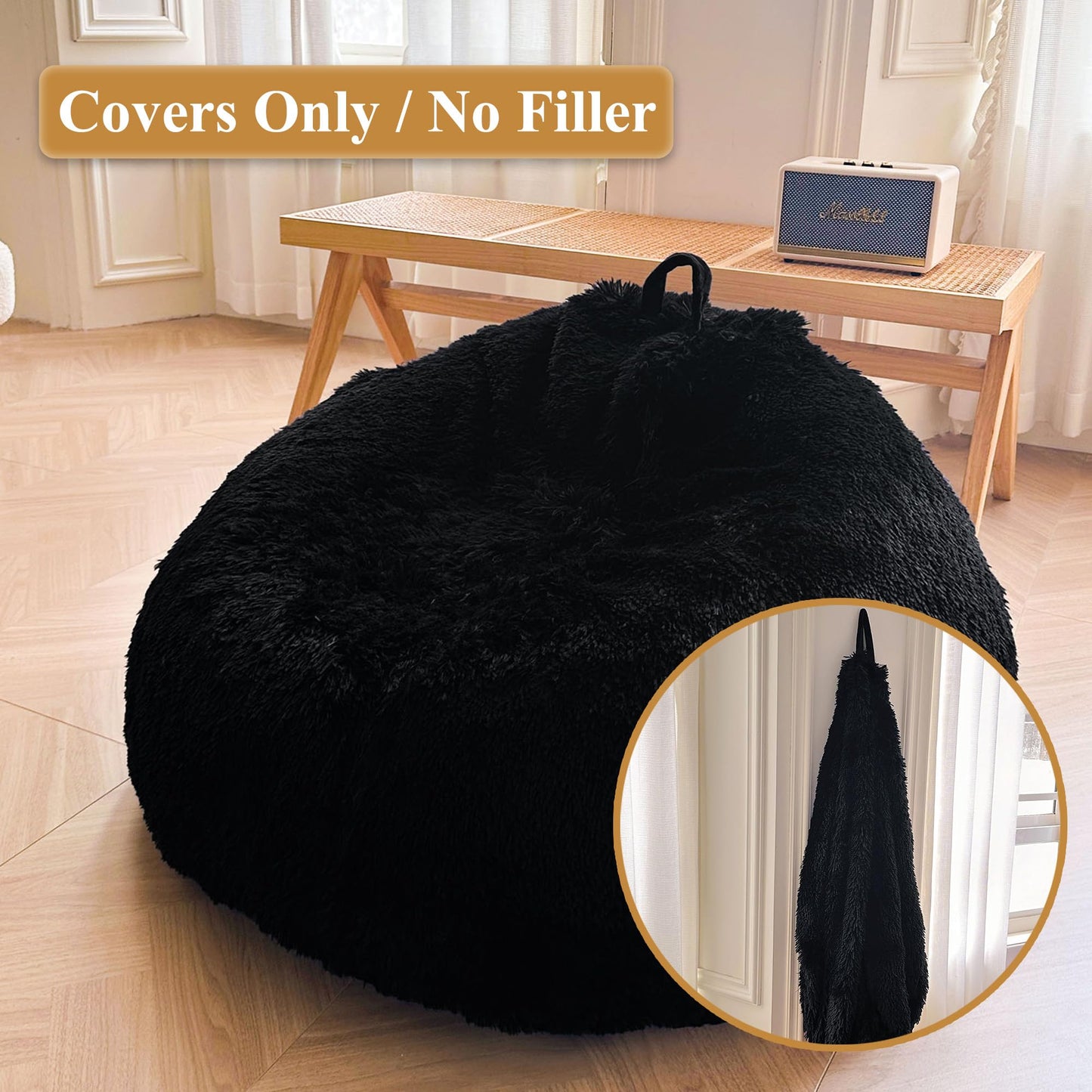 XeGe Soft Faux Fur Stuffed Animal Storage Bean Bag Cover(No Filler), Black