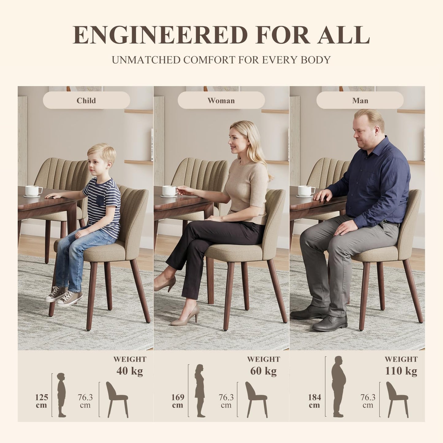 MALOL Upholstered Dining Chairs Set of 6, Fabric Chairs for Dining Room with Solid Wood Legs and Thick Seat Cushion