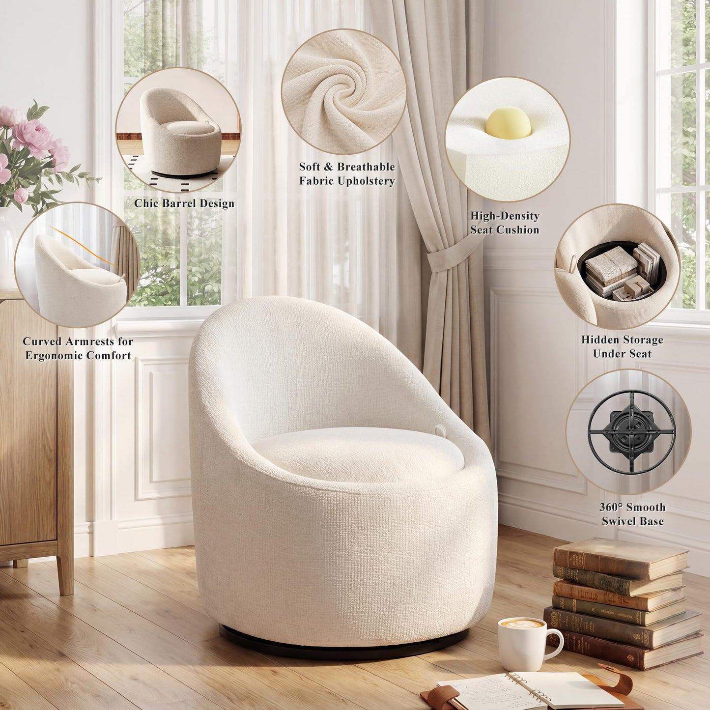 Barrel Swivel Accent Chair with Hidden Storage, 360° Rotating Lounge Chair, Upholstered Breathable Fabric, High Density Foam Seat