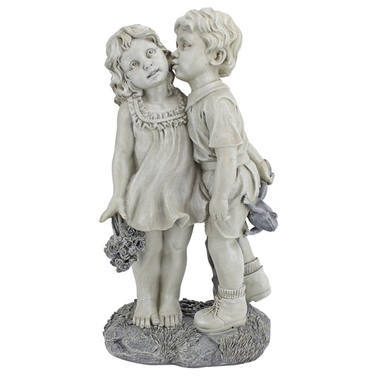 Design Toscano Young Sweethearts Kissing Children Outdoor Garden Statue, Polyresin, Two Tone Stone, 56 cm, 22 Inch