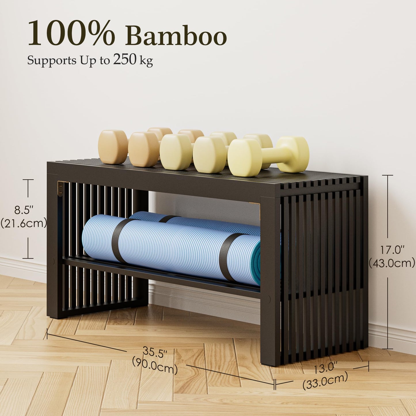 HEYZOEY Balck Bamboo Hallway Bench with Shelf, Dining Bench, 35×13×17 in