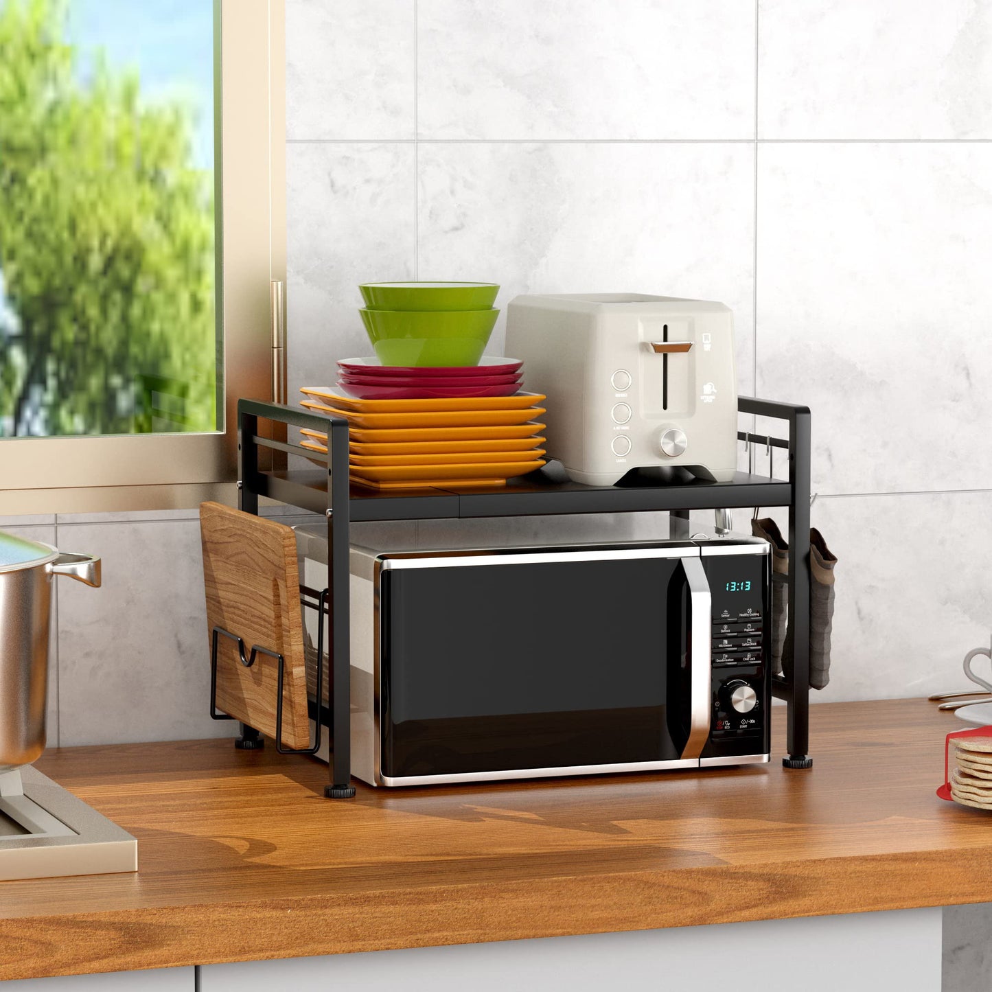 EKNITEY Extendable Microwave Oven Rack - Adjustable Kitchen Counter Shelf, 2 Tier Microwave Stand (L15.7~23.6" xW12.8 xH17.7) with 6 Hooks for Kitchen