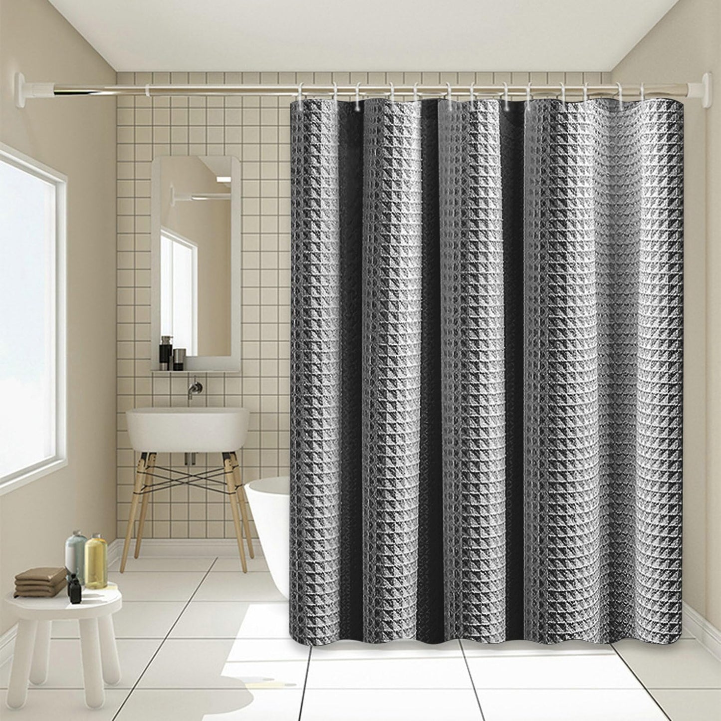 Stfery Waffle Shower Curtain with Metal Bath Curtain 120 x 200 cm Shower Curtain Anthracite Fabric Washable Anti Mould