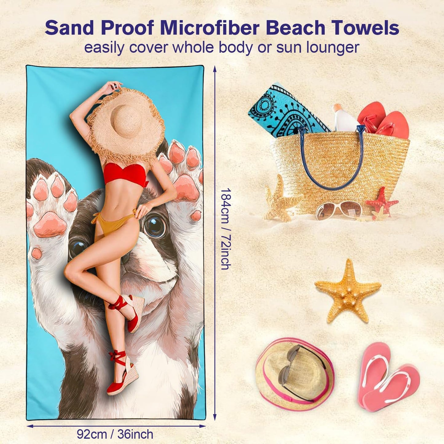 Violetpos Boston Terrier Beach Towel for Dog Lovers, Extra Large 180x90 cm 250GSM Microfibre, Sand Free Quick Dry