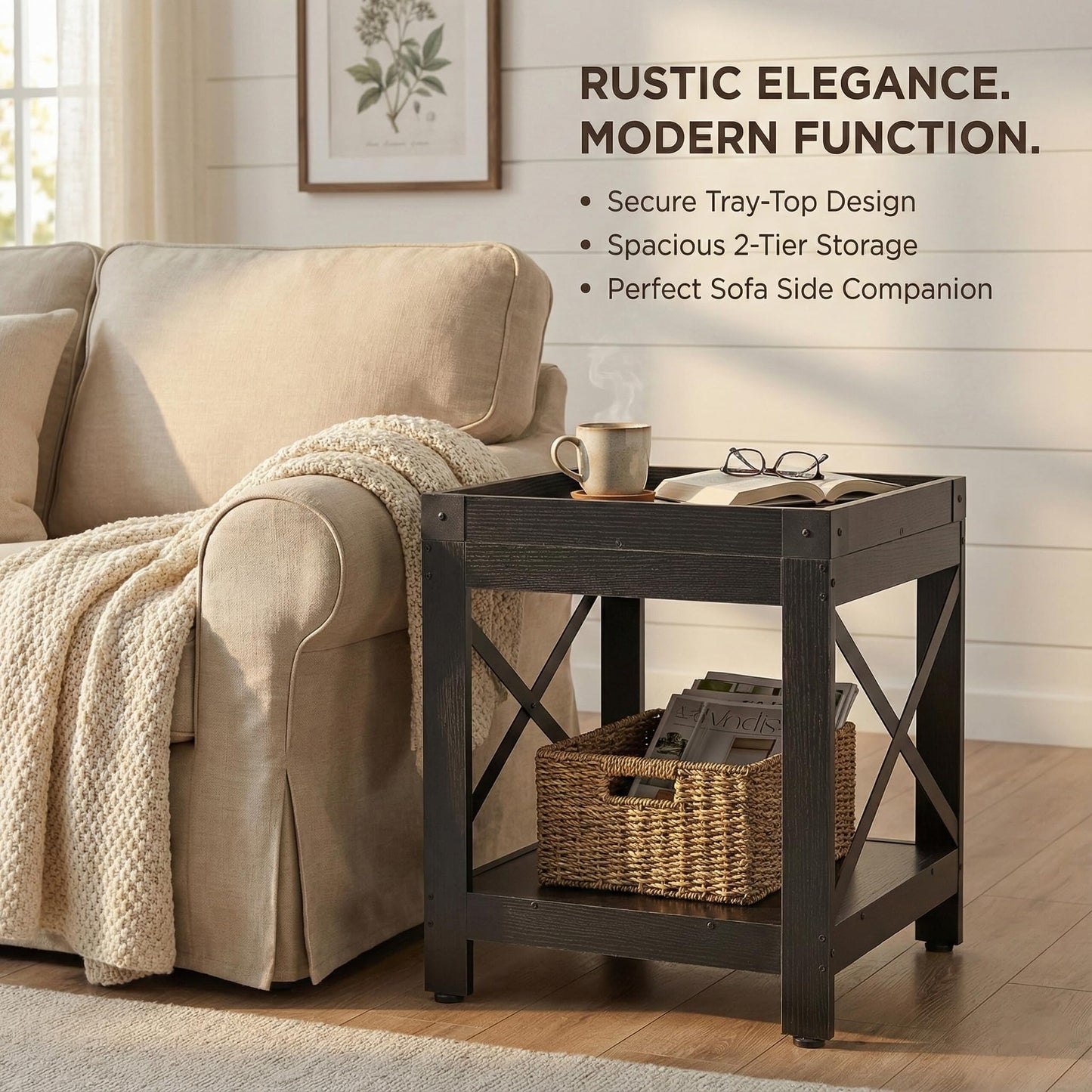 Farmhouse Square Side Table with Open Storage Shelves, Large End Table Modern Sofa Table with X-Metal Frame