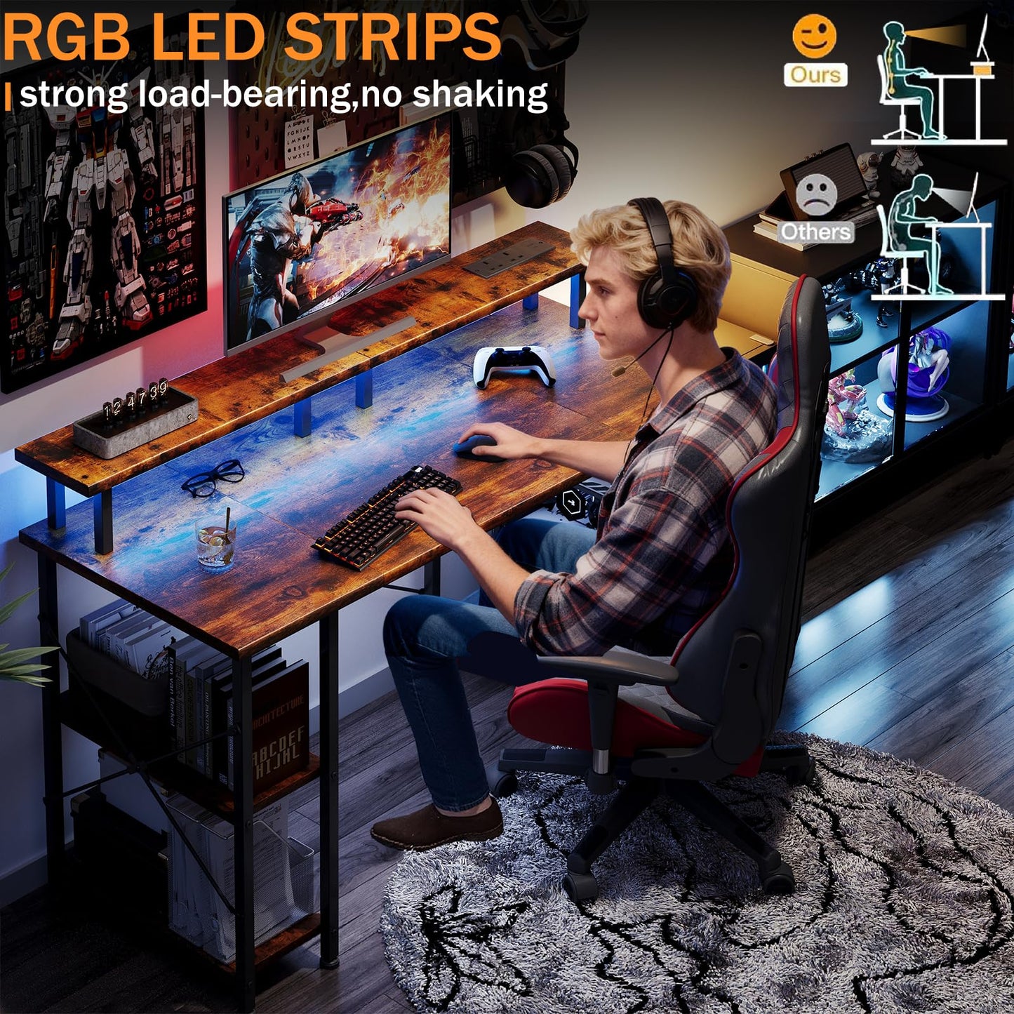 MUTUN Gaming Desk with LED Lights & Power Outlets, 120×50cm Computer Desk with Storage Shelves & Dual Monitor Stand