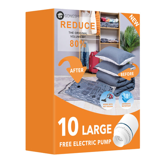 10 Large Vacuum Storage Bags with Electric Pump, Plastic Packaging Bags,Space Saver Bag for Clothes, Mattress, Blanket, Duvets, Pillows, Comforters