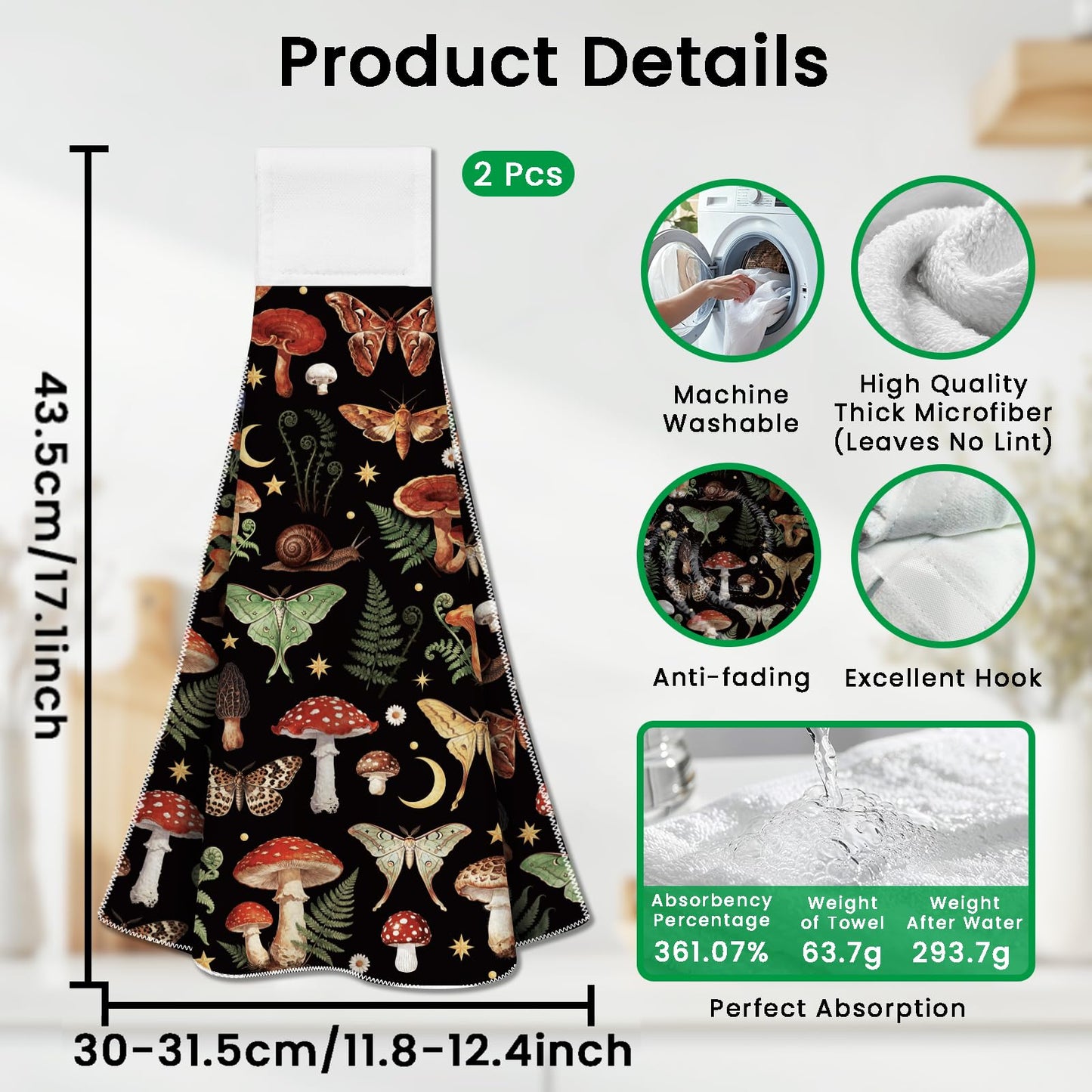 CUTHOLLOW 2 Pcs Mushroom and Moth Hanging Kitchen Towels with Loop