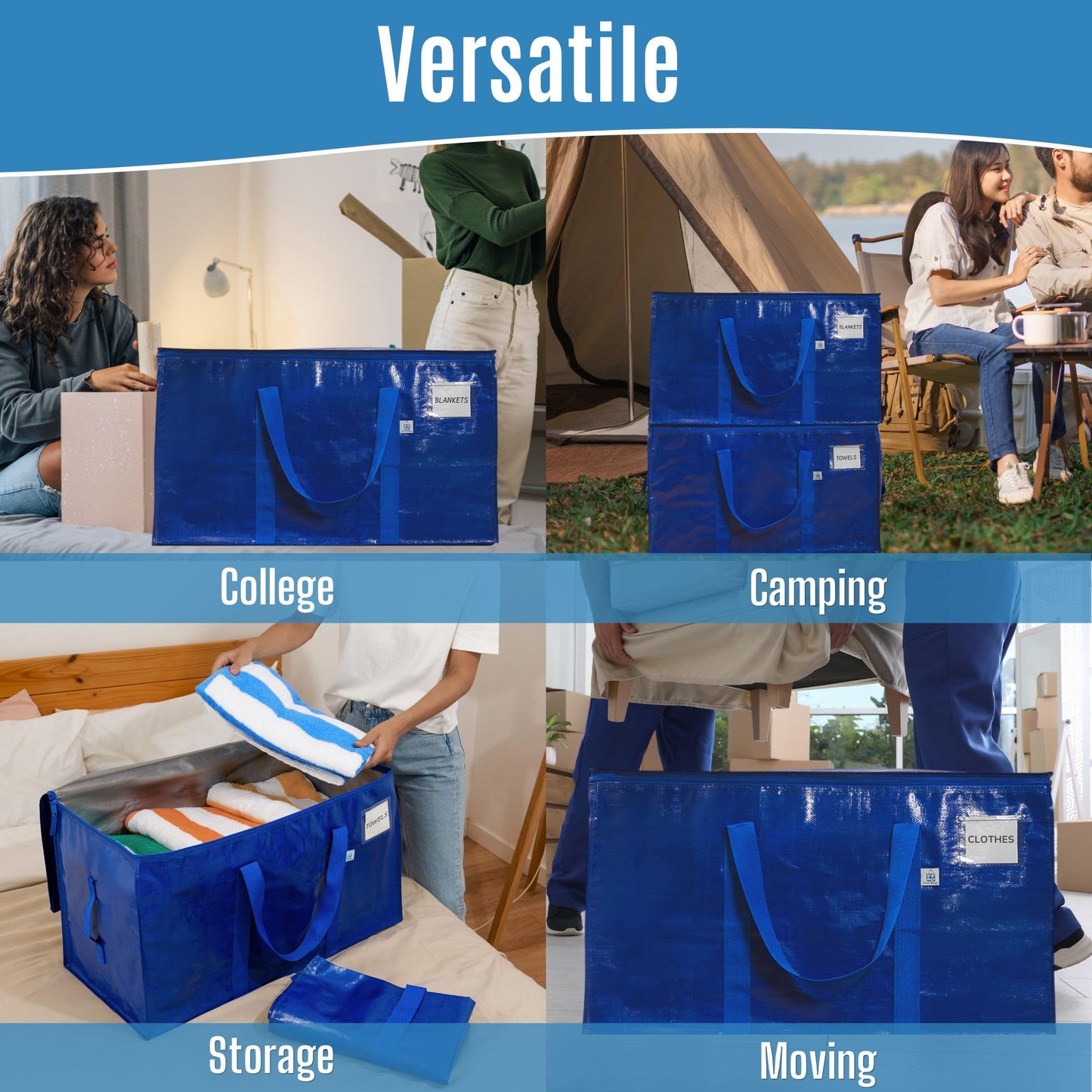 VENO 6 Pack Extra Large Moving Bags with Zippers & Carrying Handles, Heavy-Duty Storage Tote Moving Boxes for Space Saving (Blue-6 Pack)