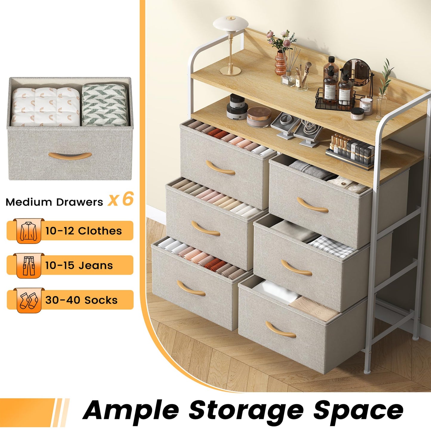 Feonase 6 Drawer Fabric Chest Of Drawers, Double Wooden Top Fabric Storage Tower - Sturdy Steel Frame Dresser for Bedroom/Living Room/Baby Room