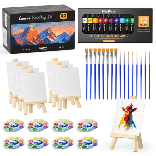 Nicpro 52 PCS Mini Canvas and Easel Set, Small Painting Set with 4x4? Canvas Panels, Wooden Easels, Paint Brushes and Mixing Palettes, Acrylic Paint