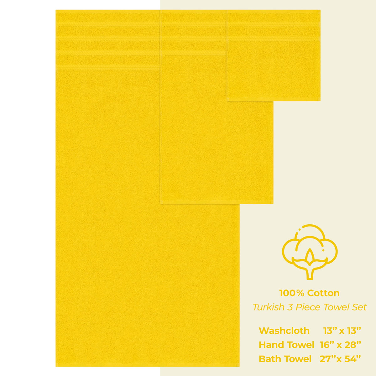 American Soft Linen Premium 3 Piece Towel Set, 1 Bath Towel 1 Hand Towel 1 Washcloth, 100% Cotton Turkish Towels for Bathroom, Yellow Towel Set