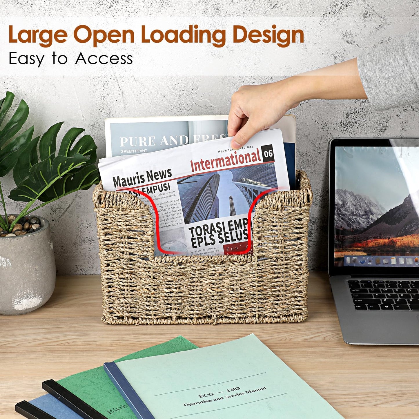 BSTKEY Seagrass Wall Mounted Mail Organizer with Handle, 30.5 * 11 * 20cm