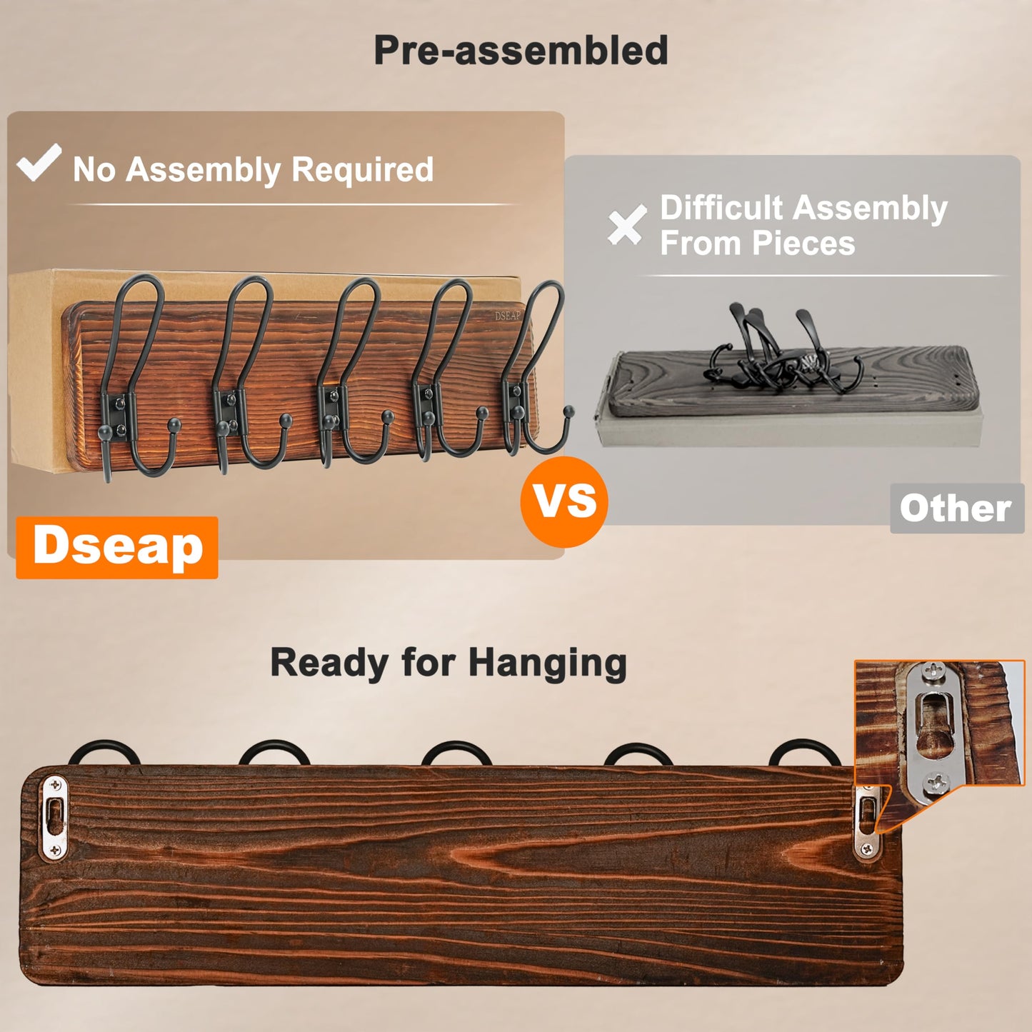 Dseap Coat Rack Wall Mounted - Heavy Duty Farmhouse Rustic Wall Coat Hanger with 5 Wire Hooks for Clothes Hat Jacket Towel, RusticWire, J1-5A