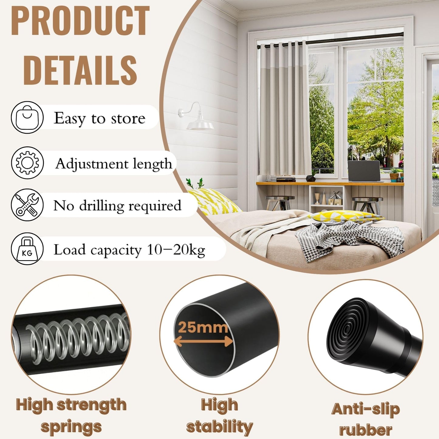 Tension Rods For Curtains Blcak Curtain Rods Anti-Slip Shower Poles Extendable Clothes Rail For Windows Shower Wardrobe Black 67-90Cm