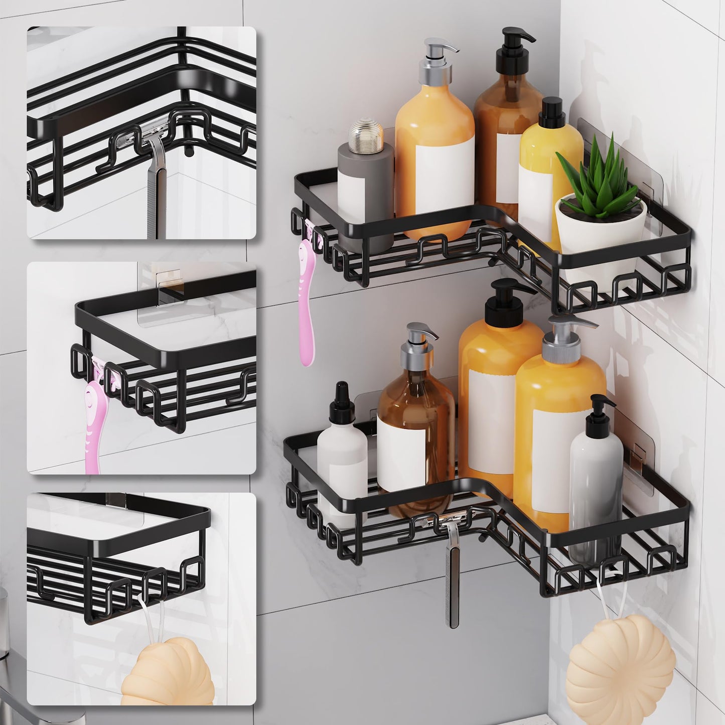 KEGII Corner Shower Caddy - 2 Pack Adhesive Shower Shelf Organiser Black