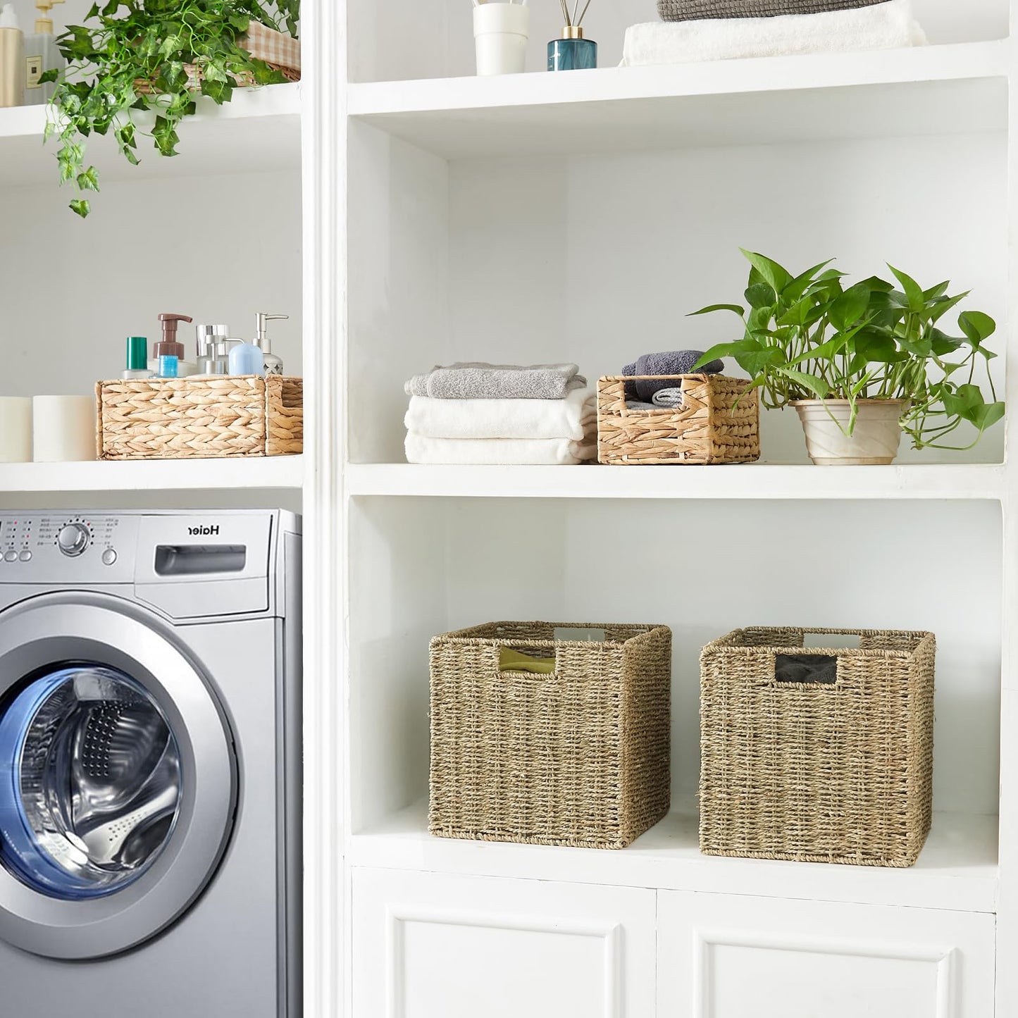 Vagusicc 2-Pack Sea Grass Storage Baskets with Handles, Wicker Basket for Bathroom Gift Toys Storage, Small Storage Baskets for Shelves Organizing