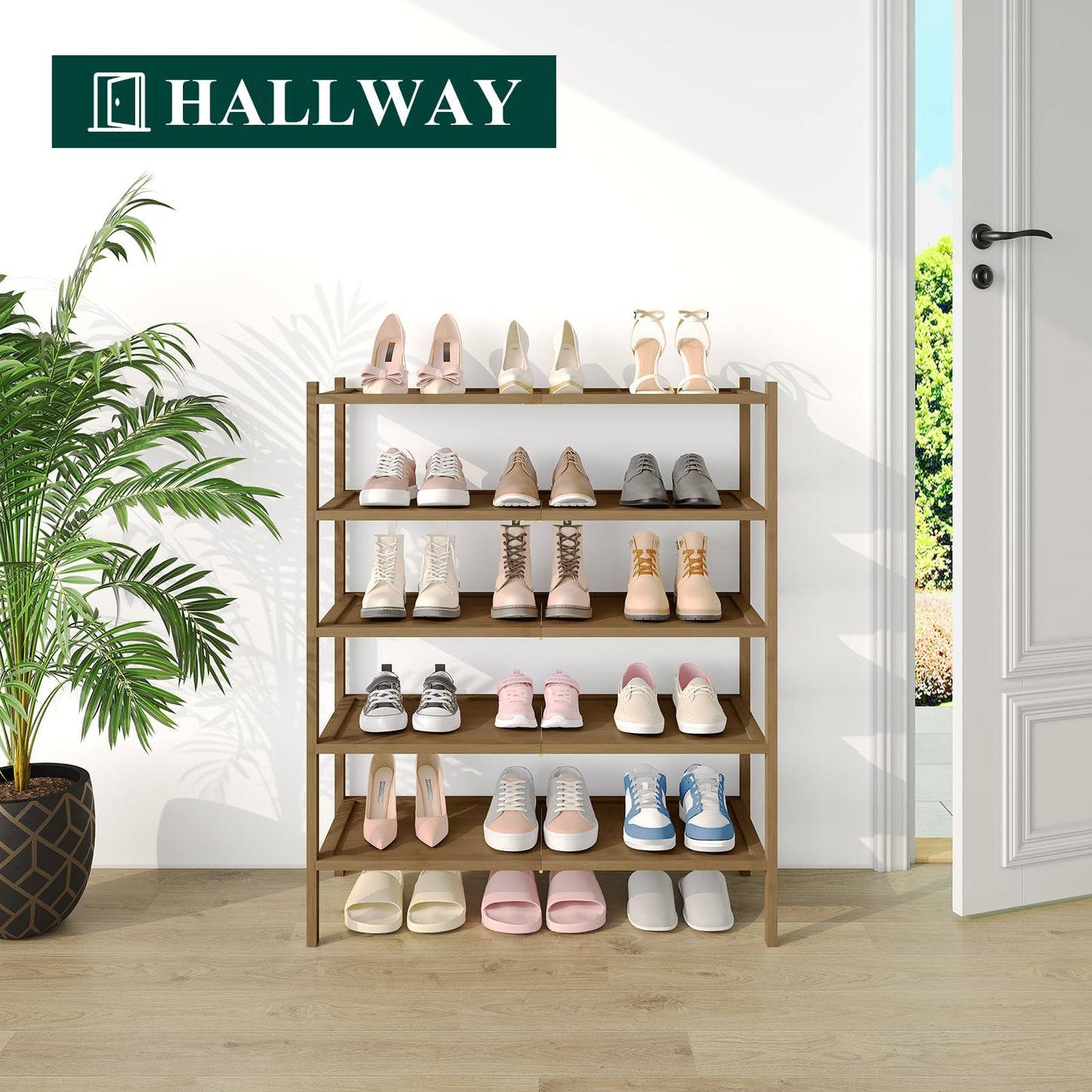 smiry Bamboo Shoe Rack, 5 Tier Shoe Organizer for Entryway & Living Room, Stackable Free Standing Storage Shelf for Shoes, Bags & Plants, Walnut