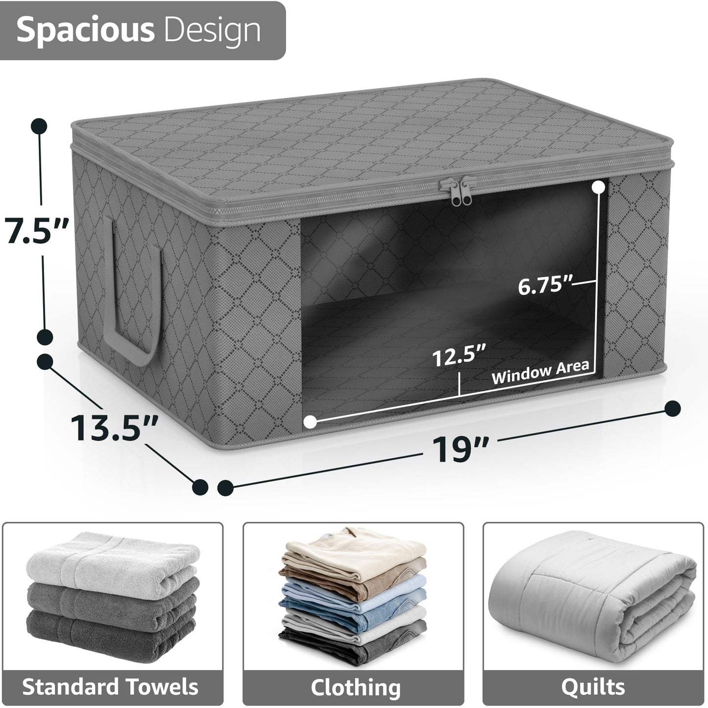 Sorbus Foldable Storage Bag Organizers, Large Clear Window & Carry Handles, Great for Clothes, Blankets, Closets, Bedrooms, and more (3-Pack, Gray)