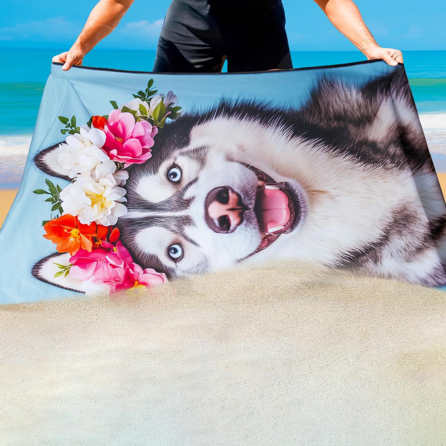 Violetpos Floral Wreath Husky Beach Towel for Dog Lovers, Extra Large 180x90 cm 250GSM Microfibre, Sand Free Quick Dry