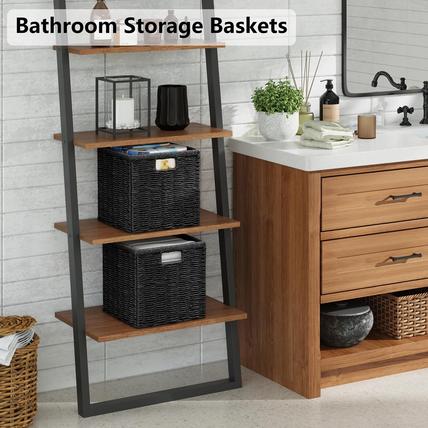 Vagusicc Wicker Storage Basket, Foldable Storage Cubes Organizer Bins, Handwoven Storage Baskets for Shelves Closet Wardrobe Bathroom