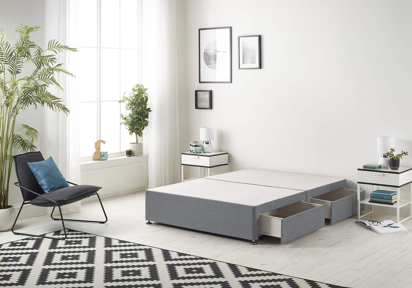 Bed Centre 3FT Single Divan Bed Base Platinum Charcoal Plush Divan Bed Base With Same Headboard And Storage Drawer-3FT Single,