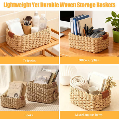 3 Set Woven Wicker Storage Baskets, Paper Rope Storage Boxes, Multifunctional Storage Baskets Empty, Decorative Bin Organizers