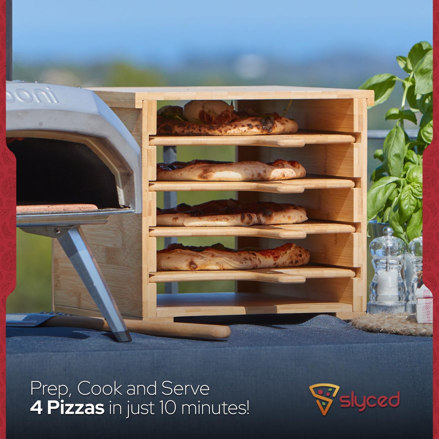 Slyced Wooden Pizza Peel Rack | Includes 4 x 12 Inch Non-Stick Bamboo Pizza Boards | Real Wood Pizza Paddle Stand | Innovative Design Allows You to