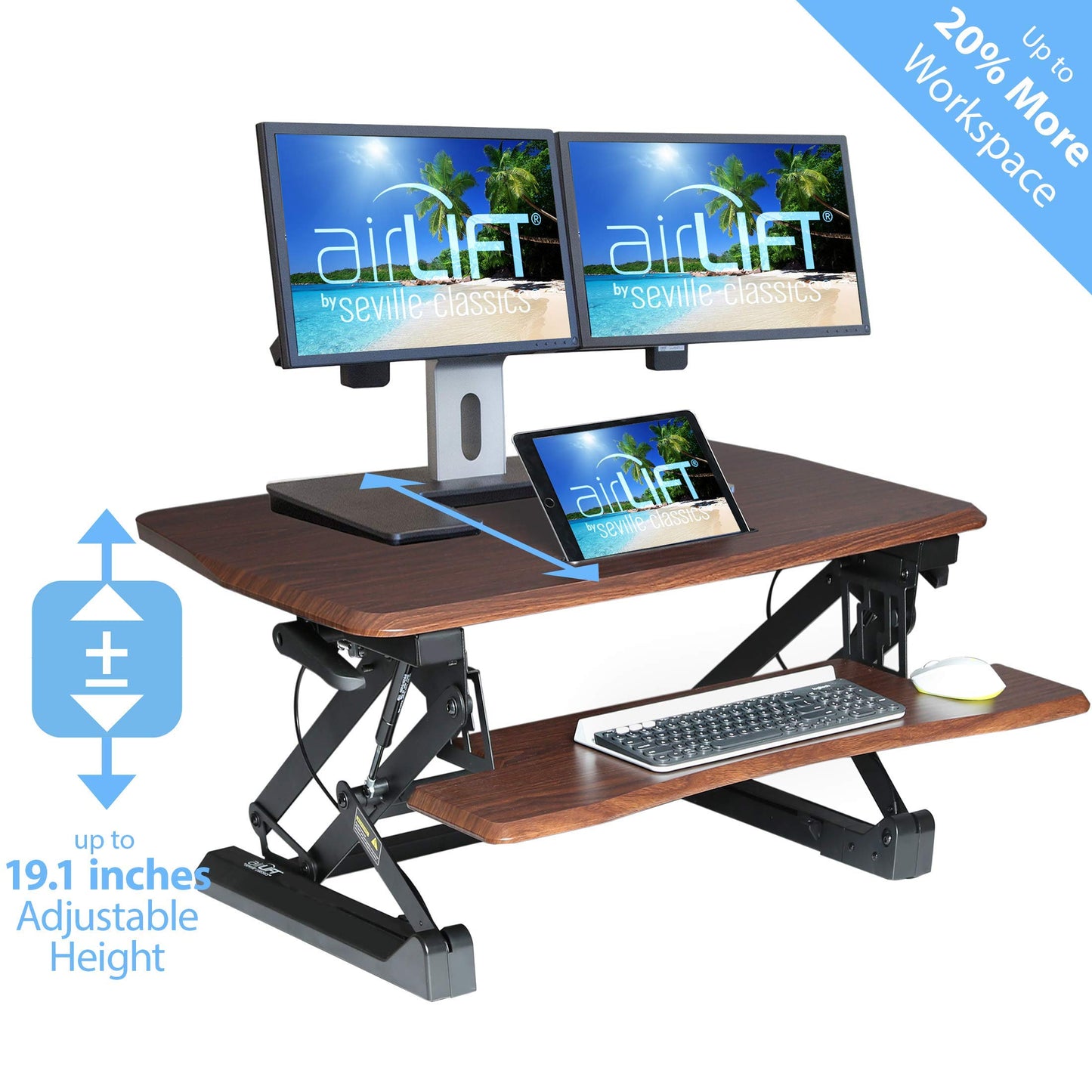 Seville Classics Height Adjustable Dual Monitor Riser with Keyboard Tray & Smartphone/Tablet Stand, Walnut