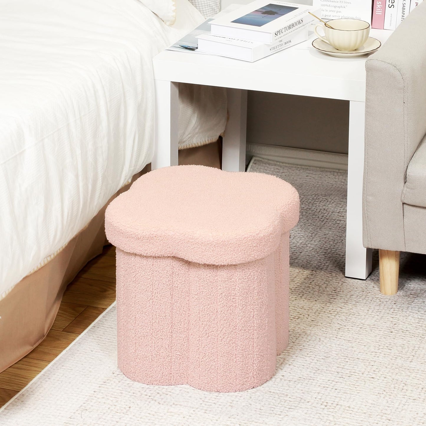 Bonlife Pink Ottoman Storage Box,Folding Storage Seat Box,Small Footstool For Living Room,Kid's Toy Chest Box,Teddy Flower Shape,32x32x32cm