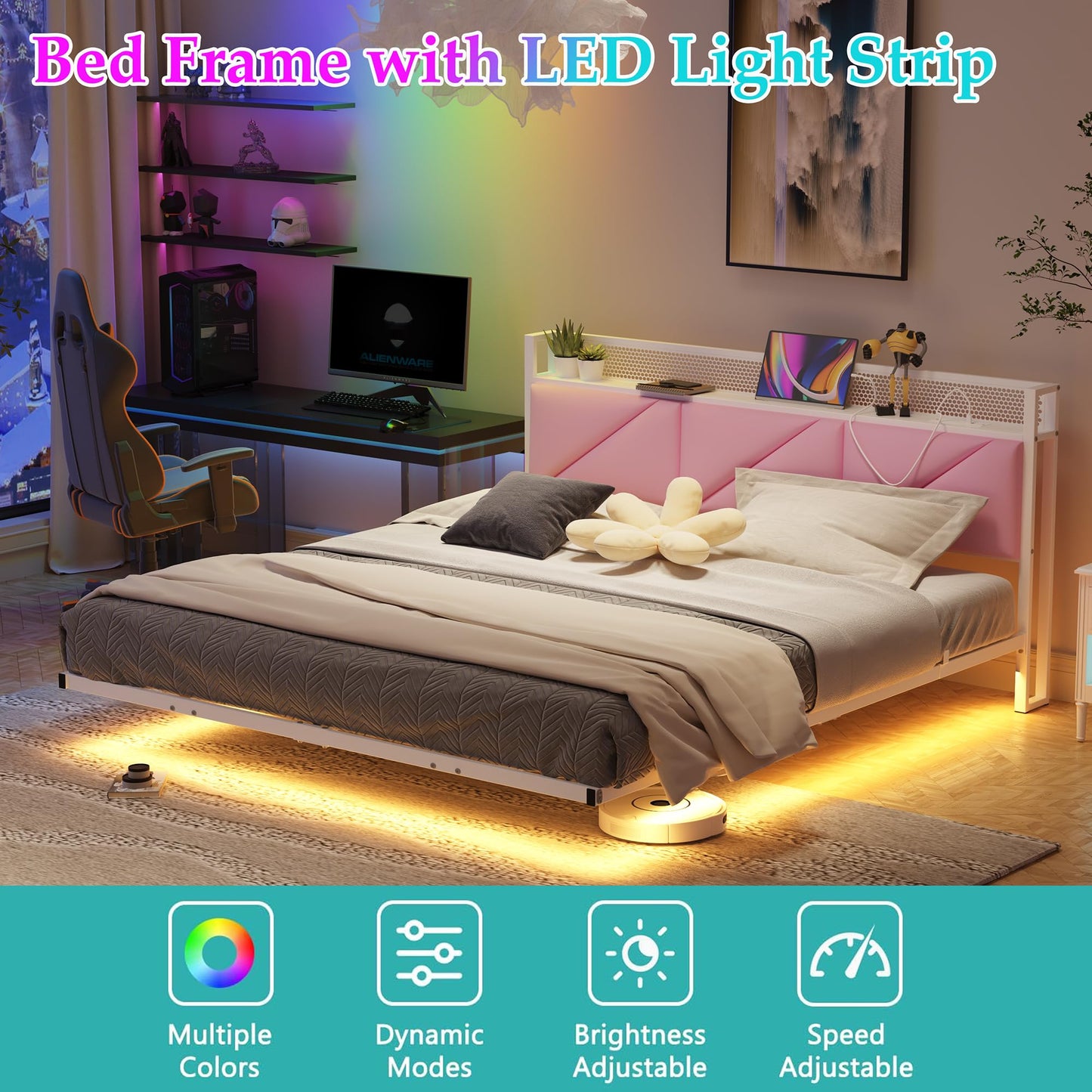 HAHRIR King Size Bed Frame with Floating Upholstered Storage Headboard,Pink