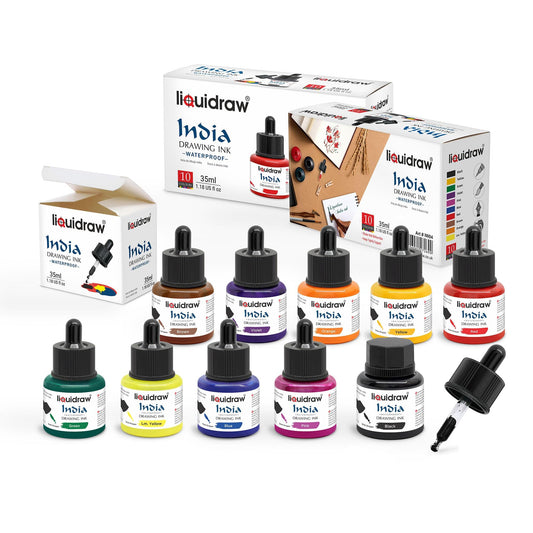 Liquidraw Waterproof Coloured Drawing Ink with Dropper | 10 x 35 ml Bottles | Set of Assorted Colours | India Ink for Calligraphy, Pens, Brushes & Dip