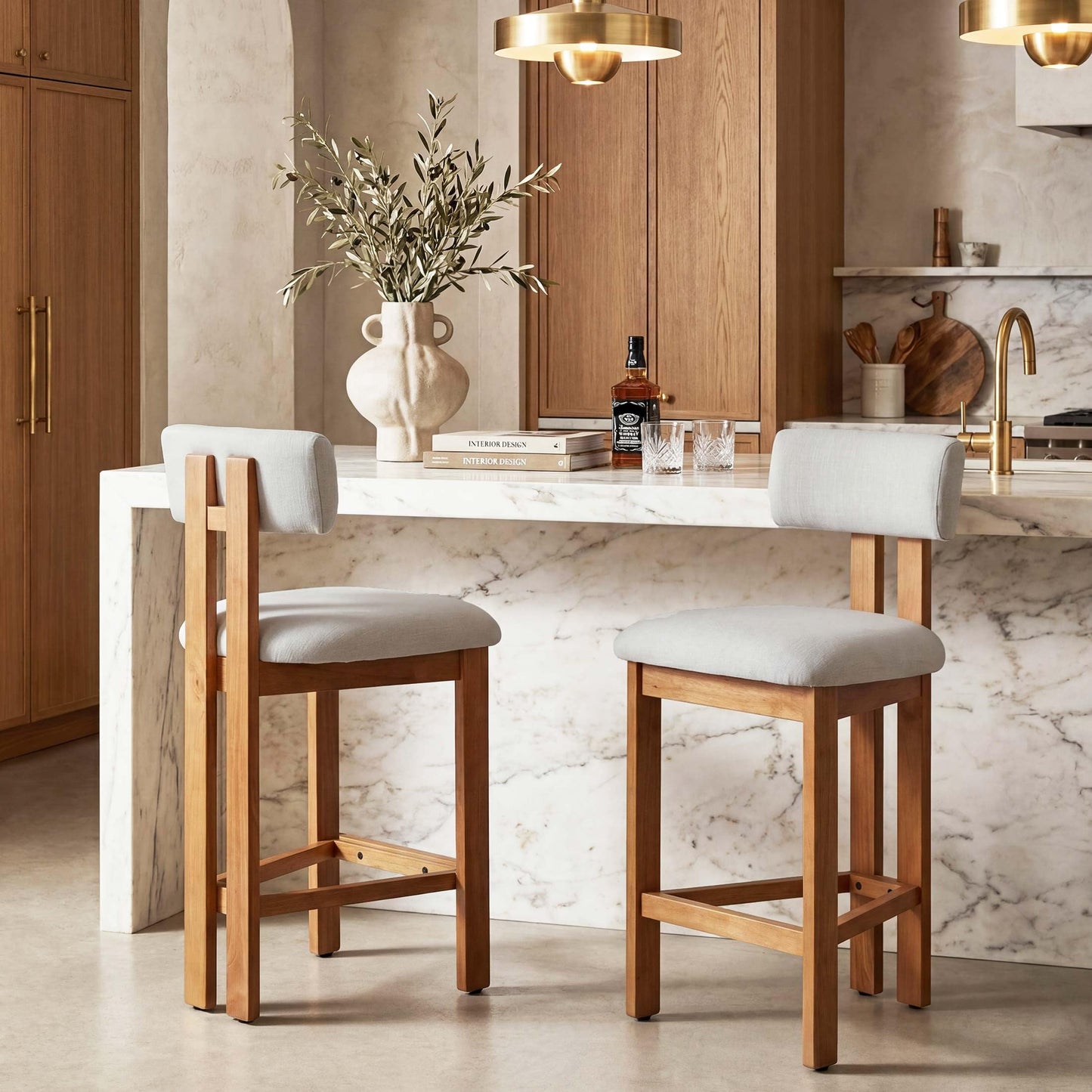 younturn Retro Mid Century Bar Stools Set of 2, Comfort Padded Linen Upholstered Seats Breakfast Barstools with Backrest