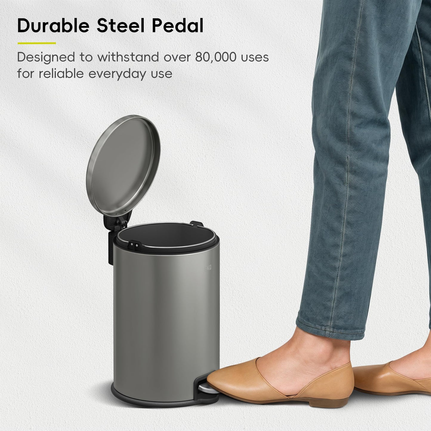 EKO Serene Step Bin, 3L Round Small Trash Can with Removable Inner Liner for Bedroom & Bathroom, Pedal Bin for Rubbish and Waste, Titanium Grey