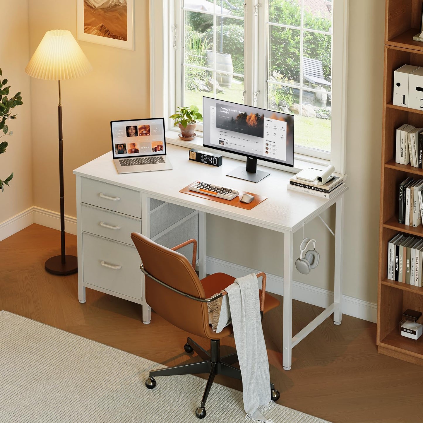 Coleshome Computer Desk with Drawers, 100cm Office Desk with Storage, White