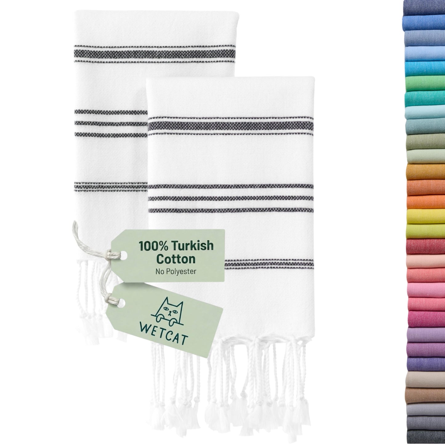 WETCAT Turkish Hand Towels with Hanging Loop, Set of 2 (20" x 30") 100% Turkish Cotton, Pre-Washed, Quick Drying, for Kitchen or Bathroom