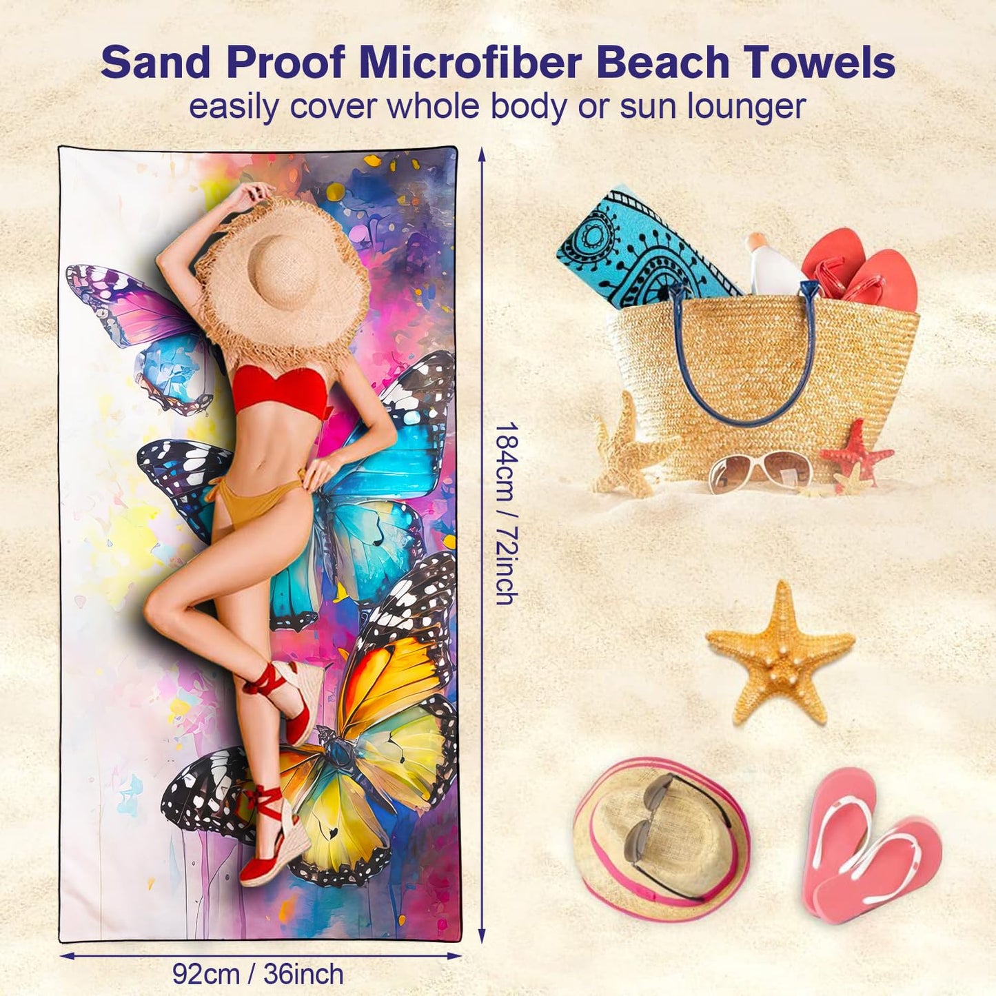 Violetpos Watercolor Butterfly Beach Towel, Extra Large 180x90 cm 250GSM Microfibre, Sand Free Quick Dry
