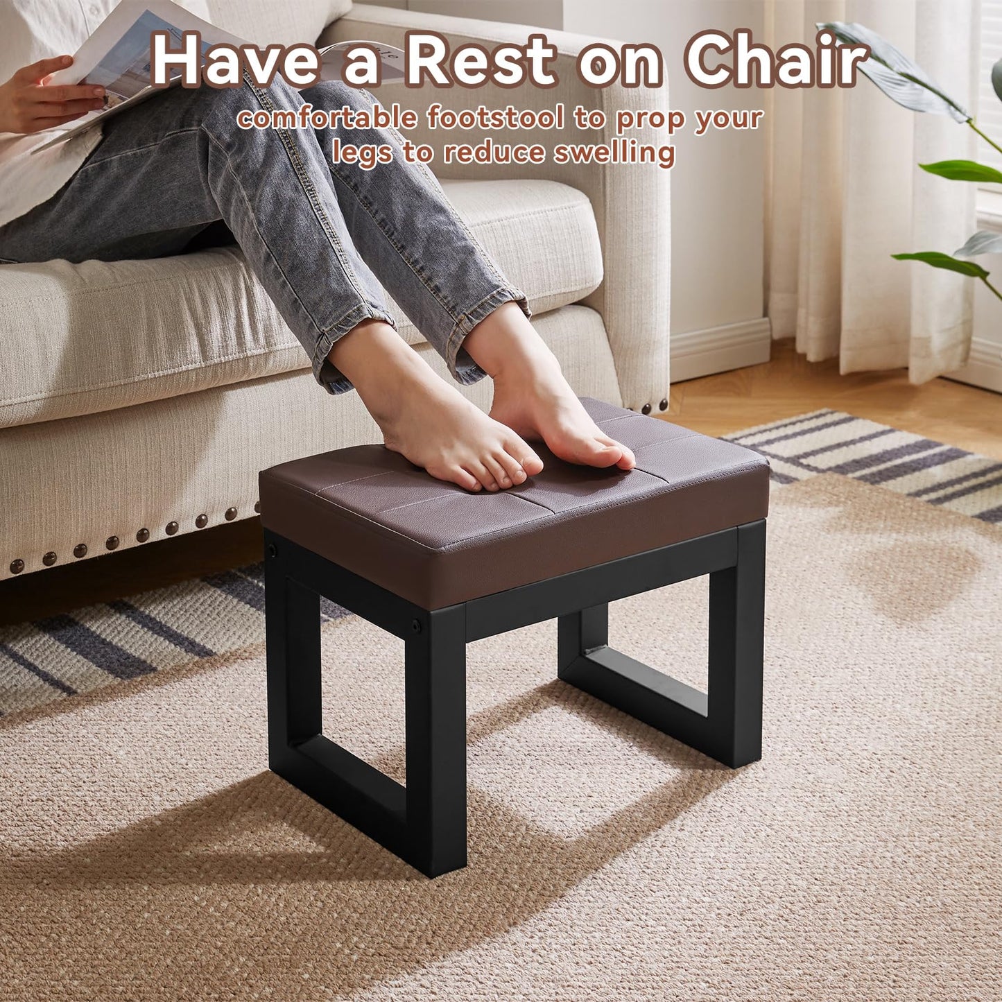 IBUYKE 16 Inch Small Foot Stool Ottoman, Rectangle PU Faux Leather Foot Rest with Padded Seat and Metal Legs