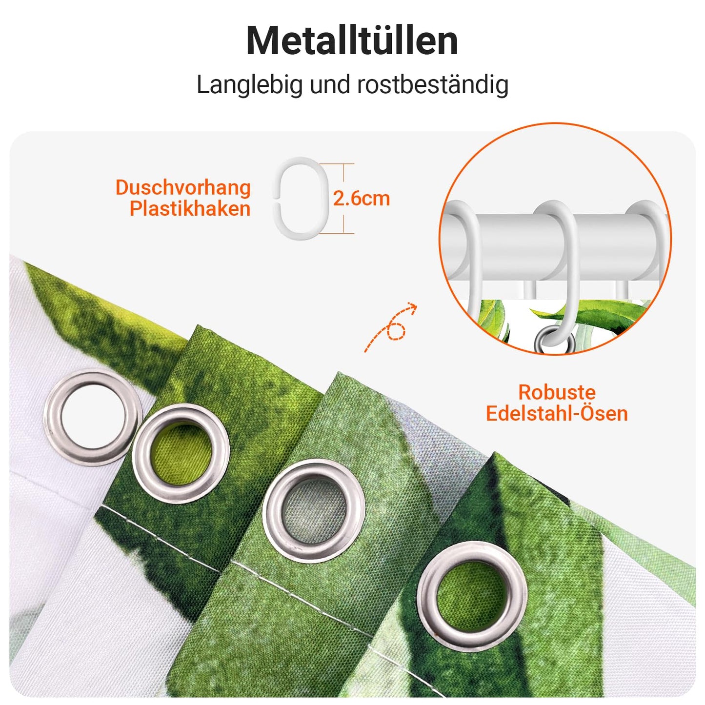 Lerores Shower Curtain, 200 x 200 cm, Green Leaves, Weighted Hem, Anti-Mould Textile, Waterproof
